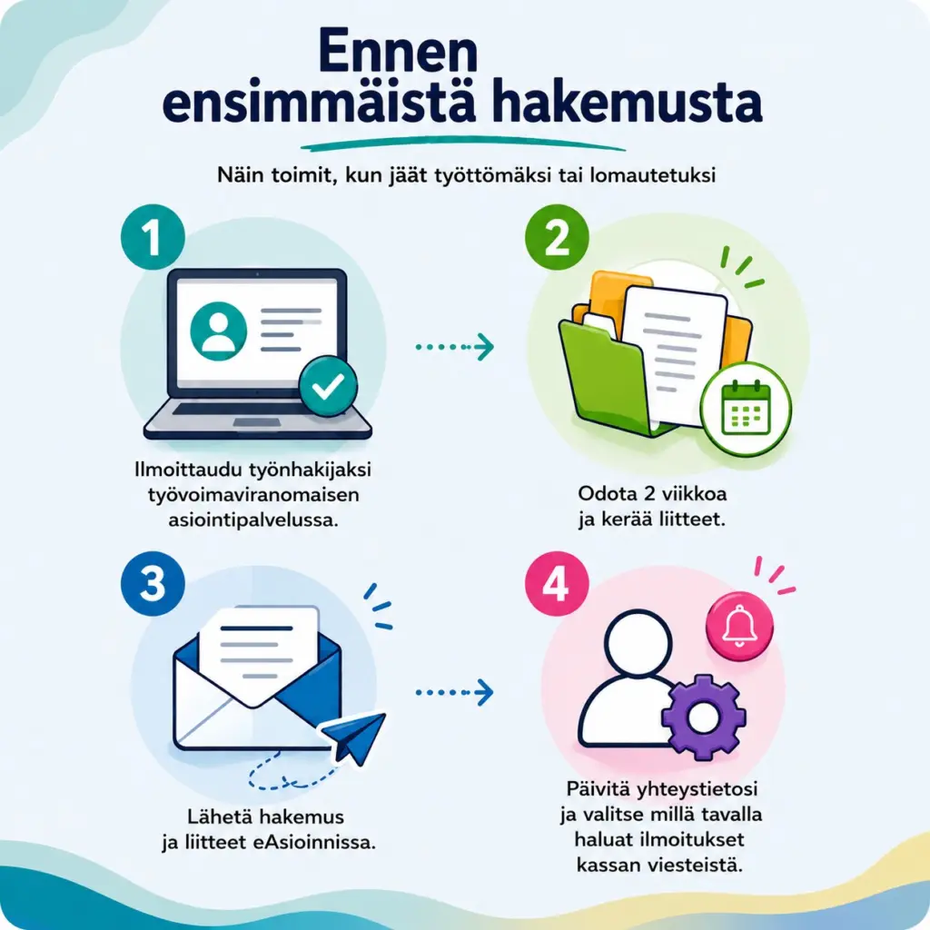 Infograafi etuuden hakemisen vaiheista. Sama sisältö on kuvattu tekstinä kuvan alapuolella.