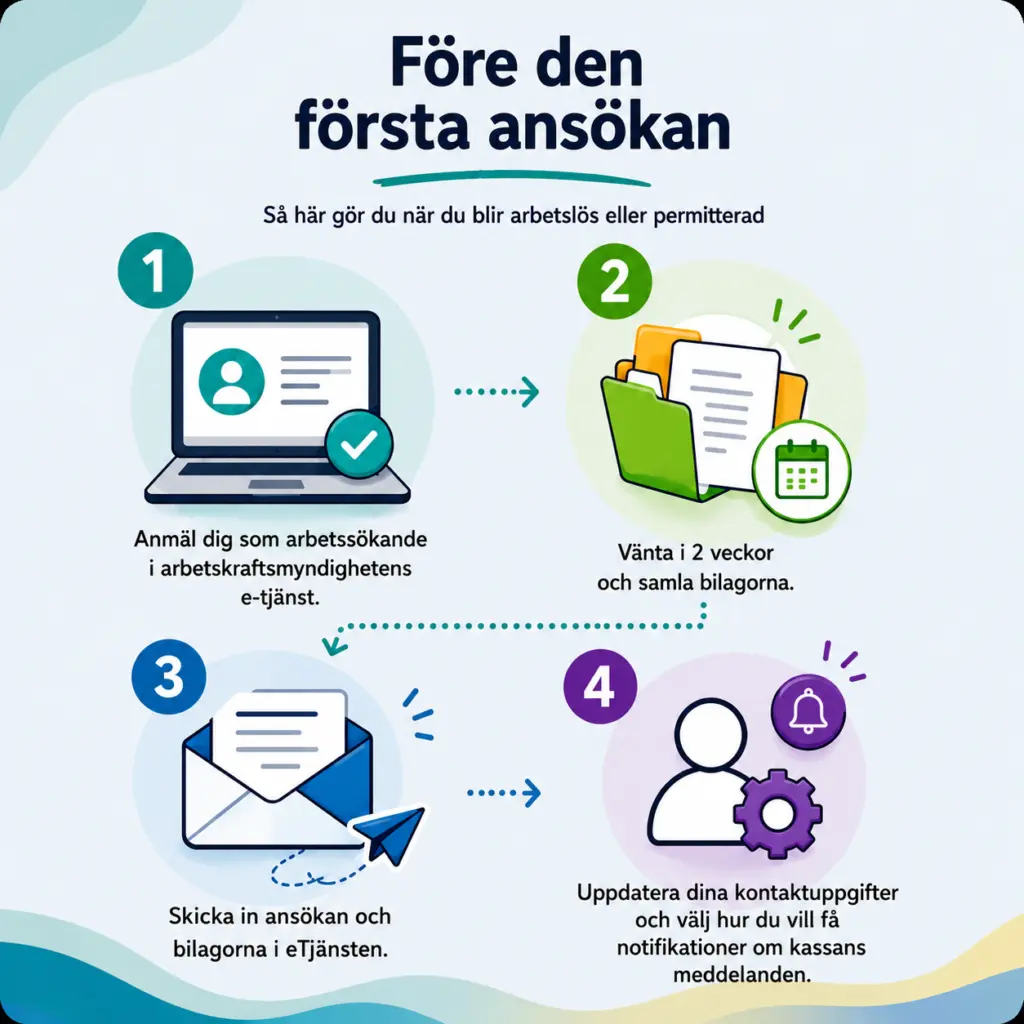 Infografik över stegen för att ansöka om förmånen. Samma innehåll beskrivs i text under bilden.