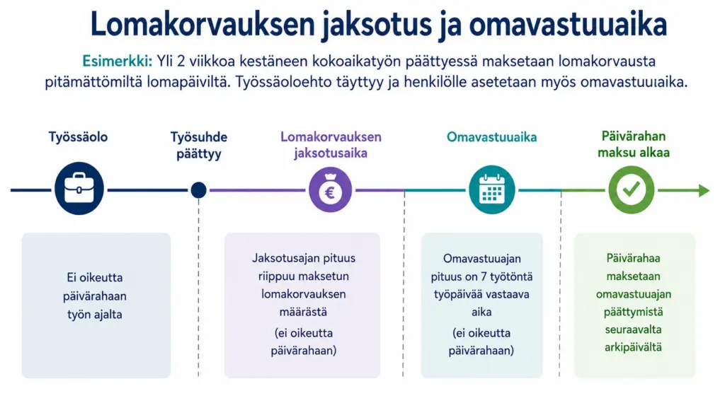 Kaavio näyttää lomakorvauksen jaksotuksen ja omavastuuajan asettamisen työssäolosta päivärahan maksun alkamiseen. Sama asia on kerrottu sivun tekstiosuudessa.